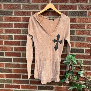 Urban X Tan Chestnut Waffle Knit Cross Graphic Rhinestone Hooded Long Sleeve Top